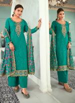 Real Georgette Teal Wedding Wear Embroidery Work Straight Suit